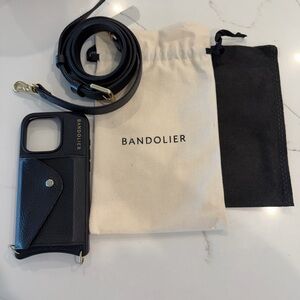 Hailey Bandolier Black Leather Phone Case with cross body Strap iPhone 16 pro